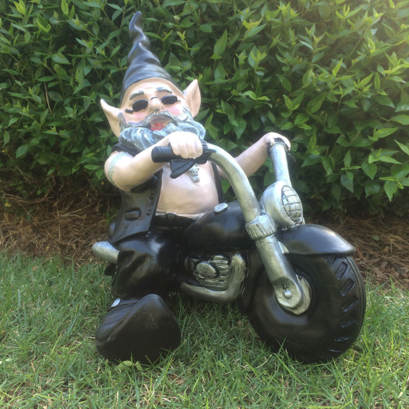 HomeStyles Nowaday Gnomes "Biker Dude" in Full Leather Motorcycle Gear Riding Red Bike Garden